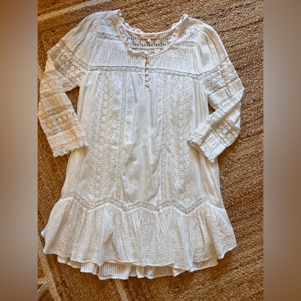 LOVESHACKFANCY TOLEDA MINI DRESS WHITE EYELET LONG SLEEVE RUFFLED SIZE L SO CUTE